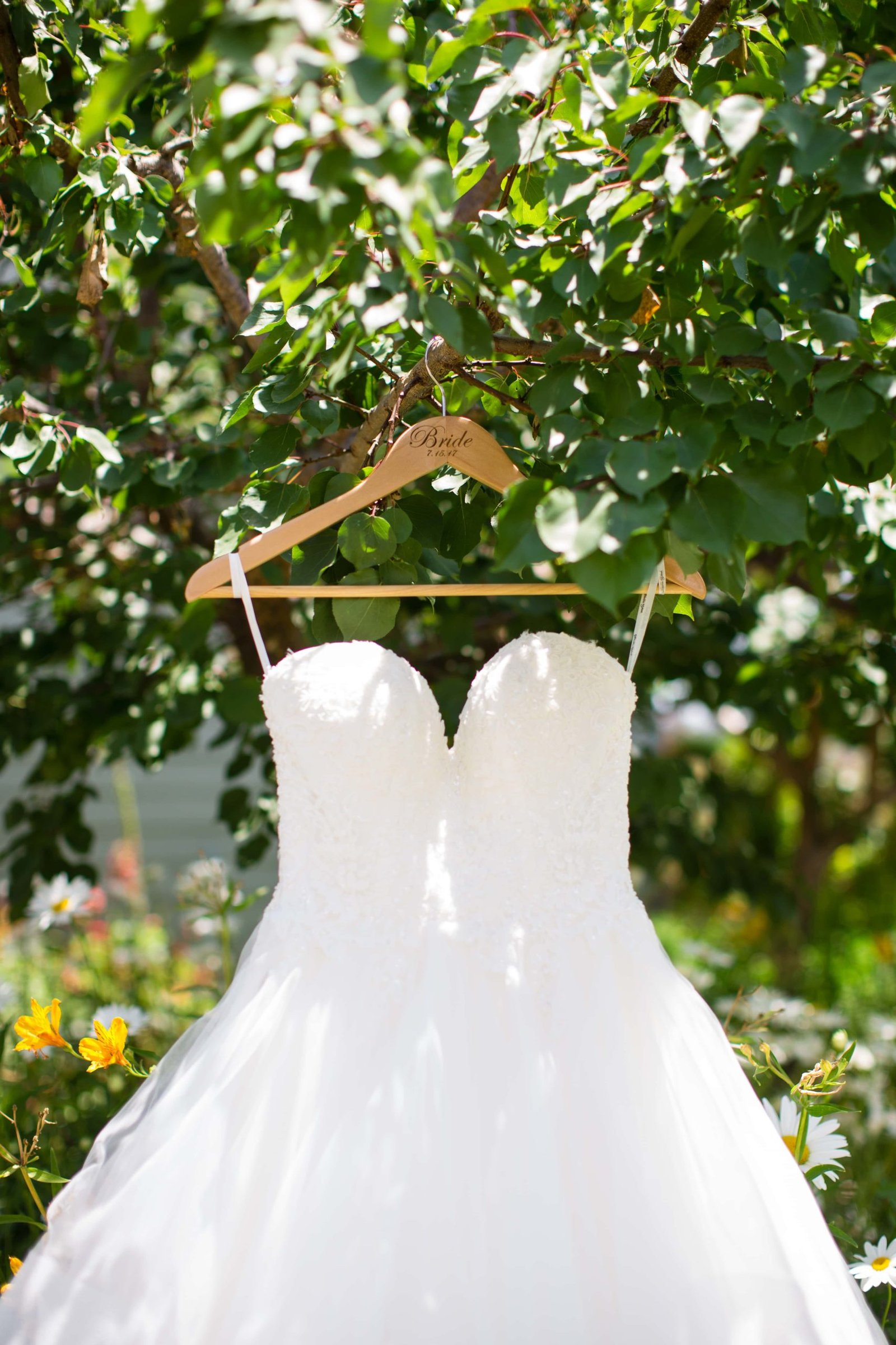 wedding dress hanging from a tree at Heritage House in Arroyo Grande