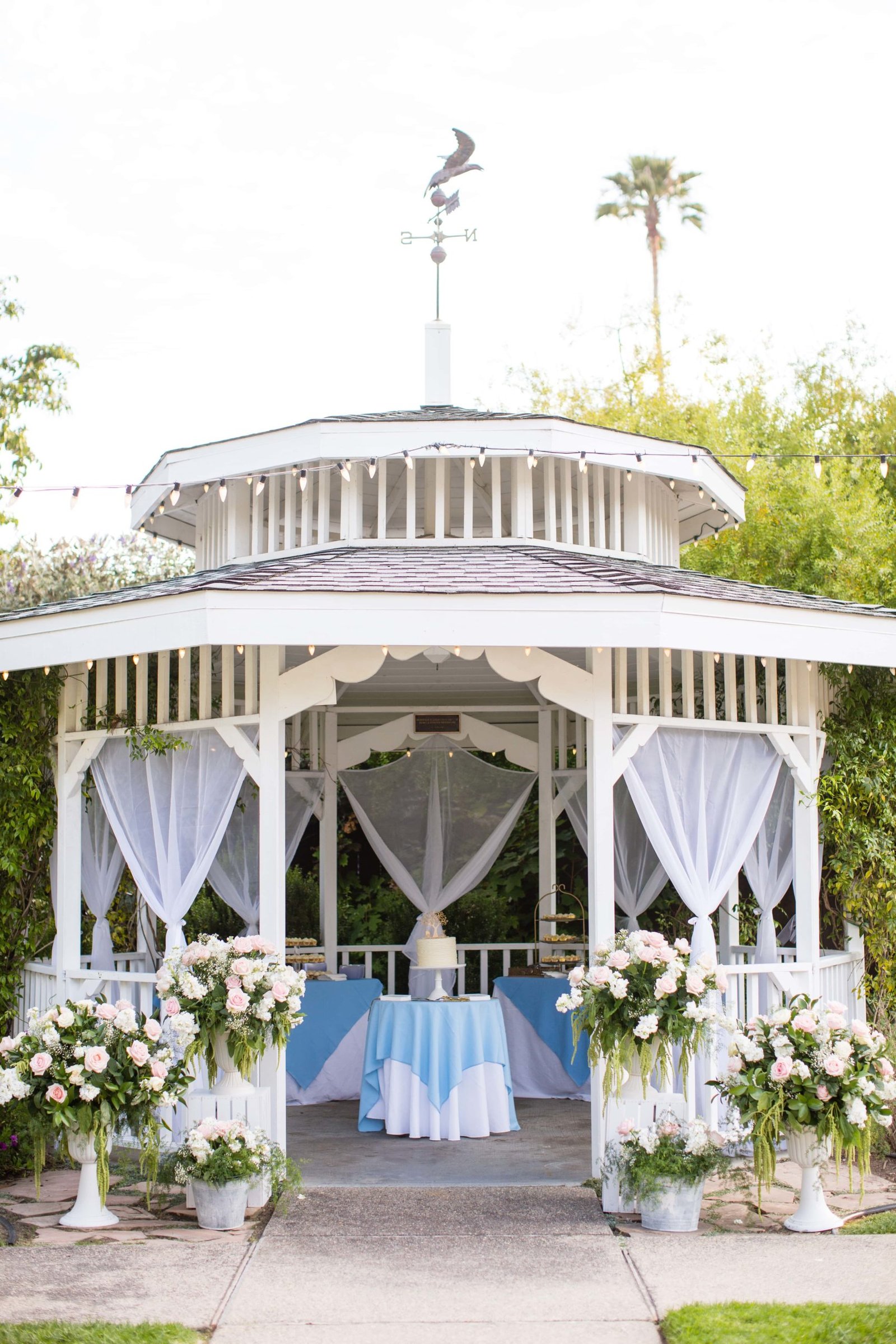 Gazebo decorated for the wedding cake at Heritage House in Arroyo Grande
