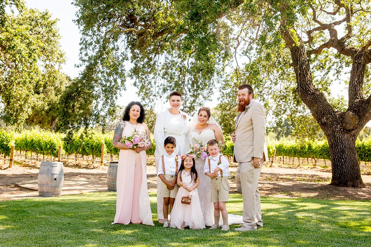 Brides with the bridal party at Roblar Winery in Santa Ynez, CA 