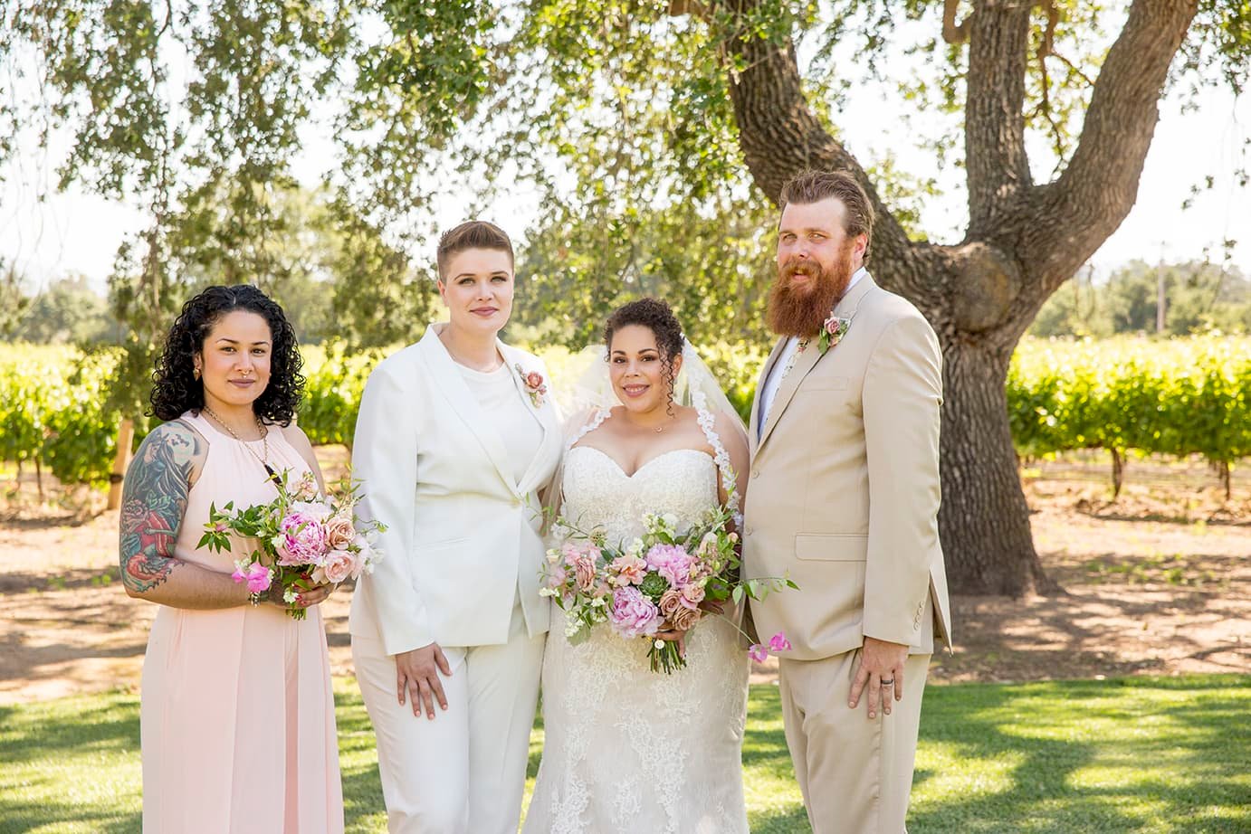 Brides with Maid of Honor and Best Man at Roblar Winery in Santa Ynez, CA 
