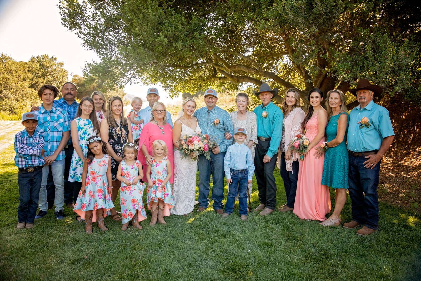 Bride and groom with extended family