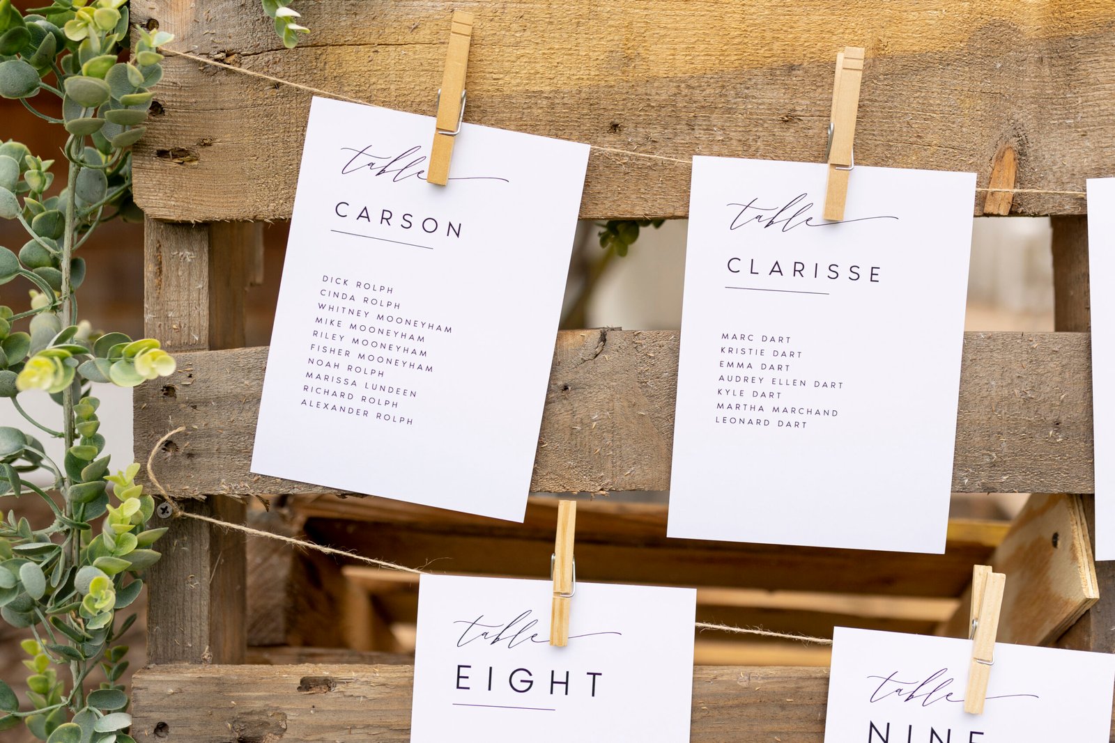 close up of wedding seating chart