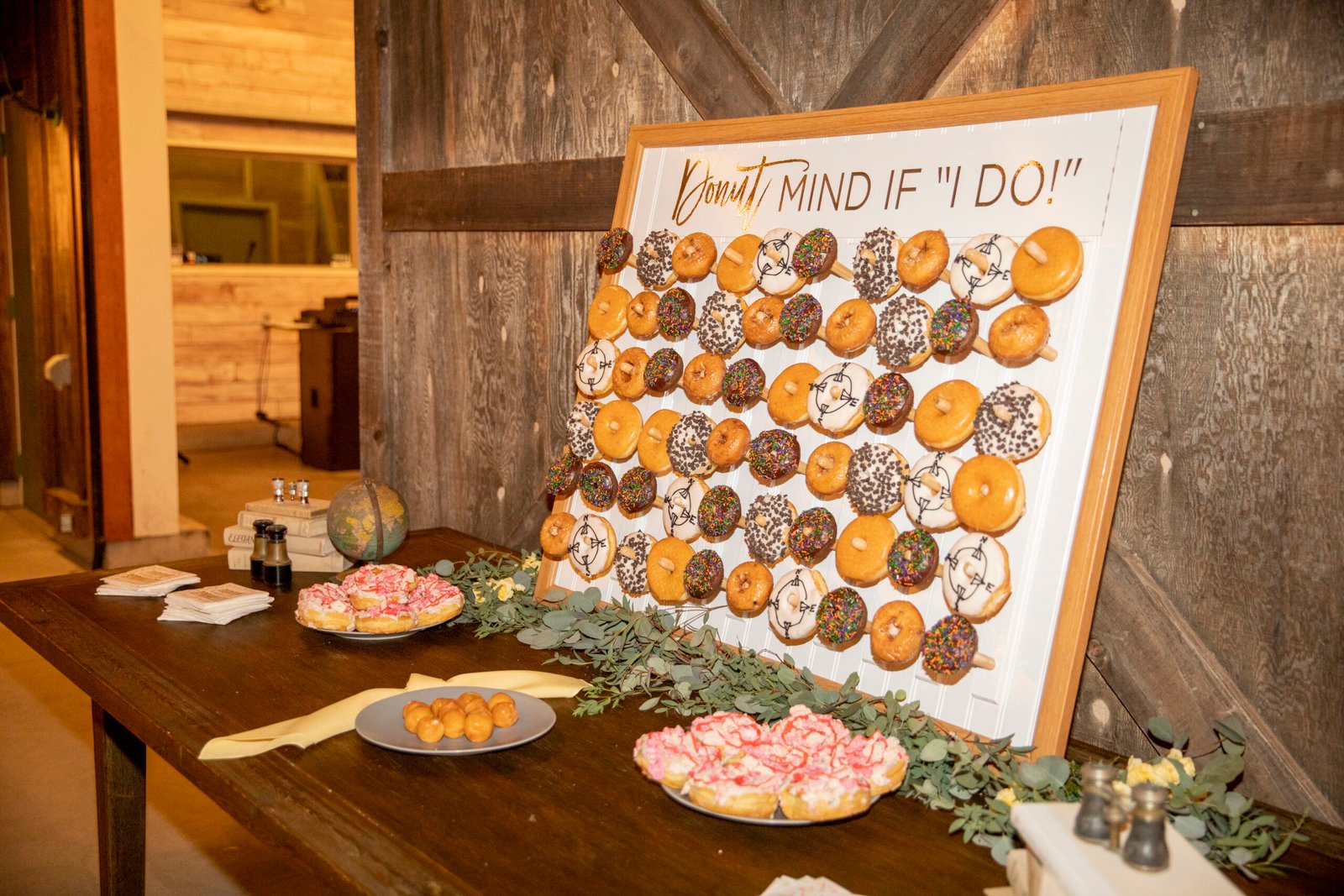 donut wall at a wedding reception