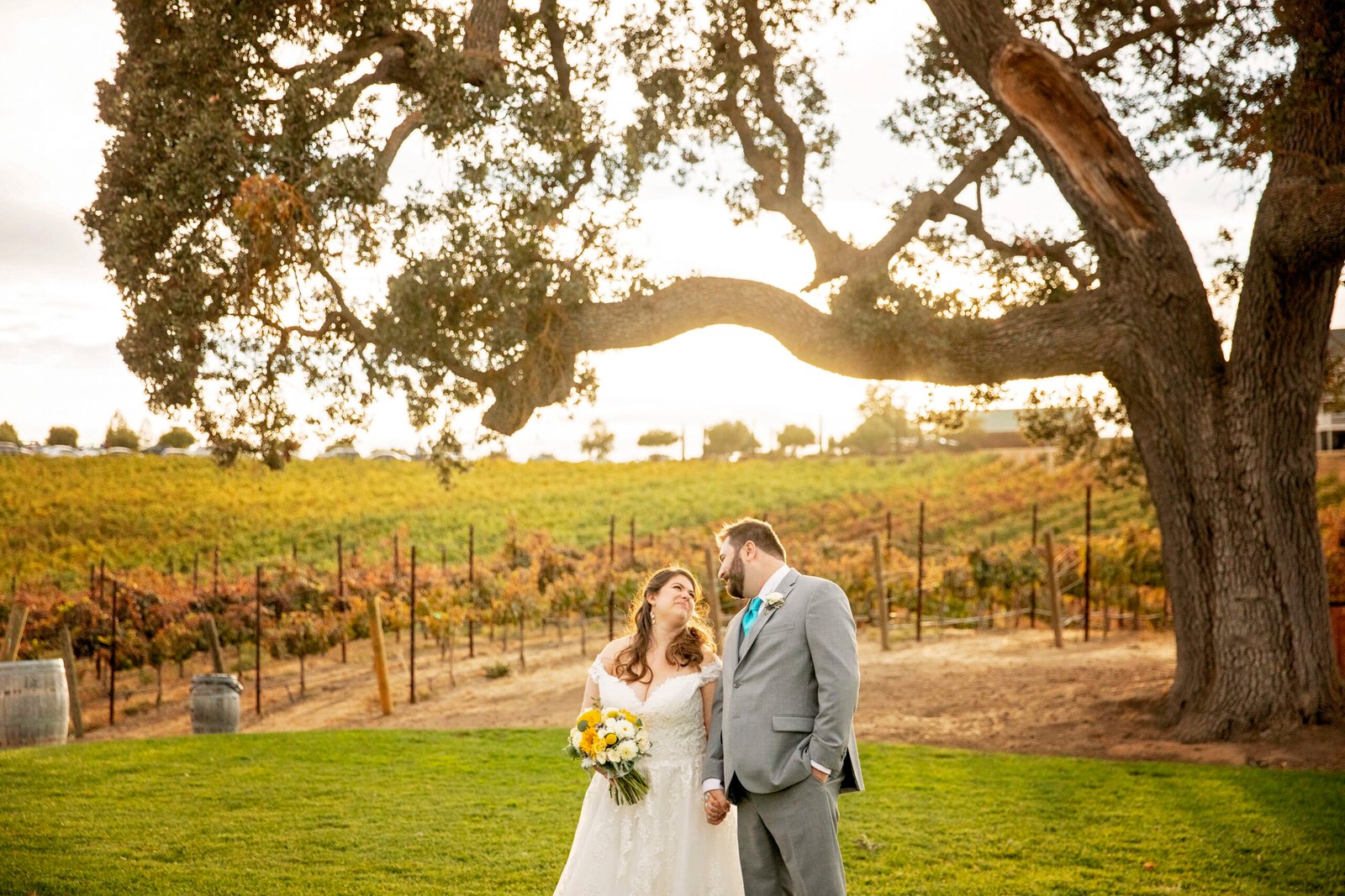 bride and groom look at each other in front of a vineyard