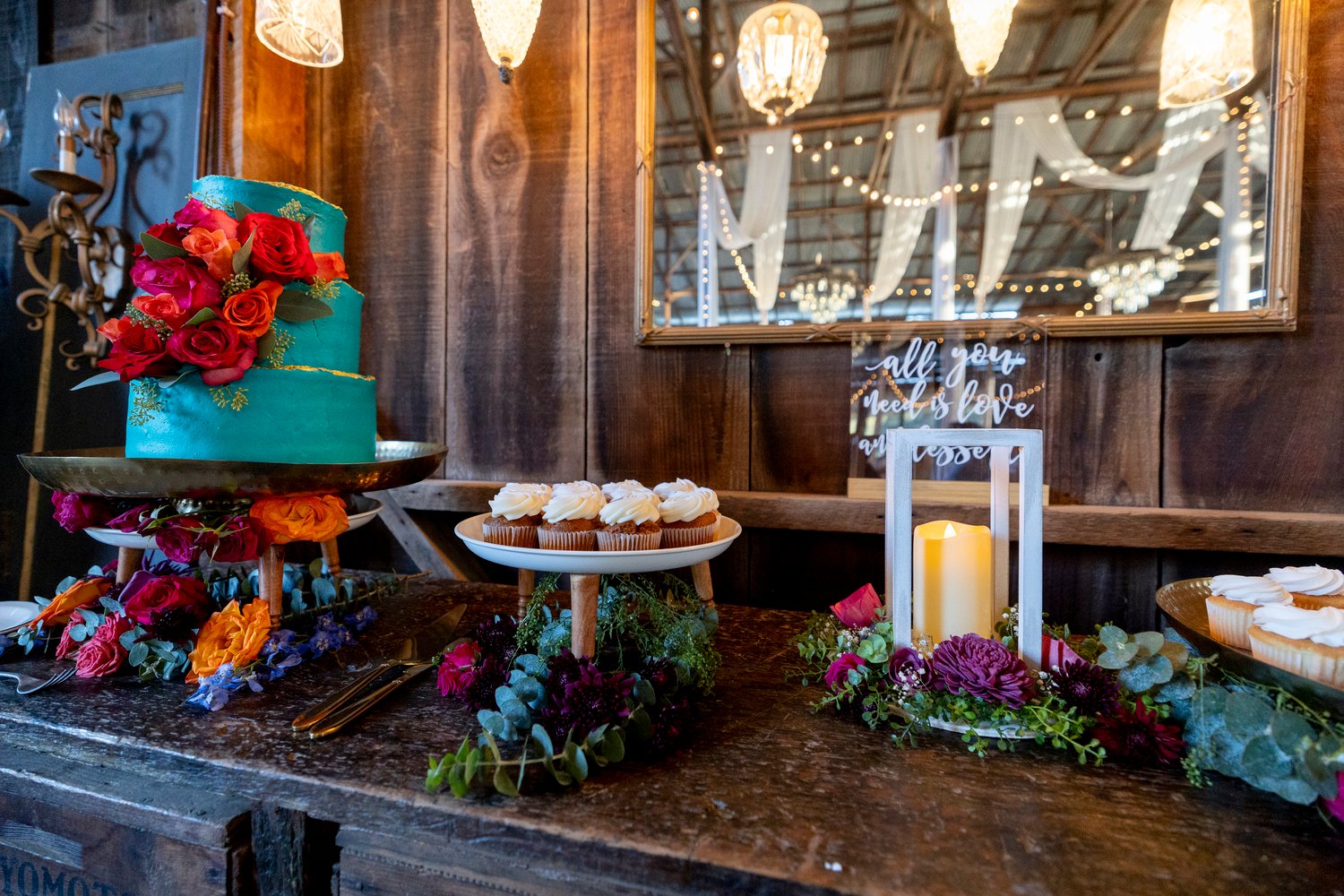 dessert table for a barn wedding