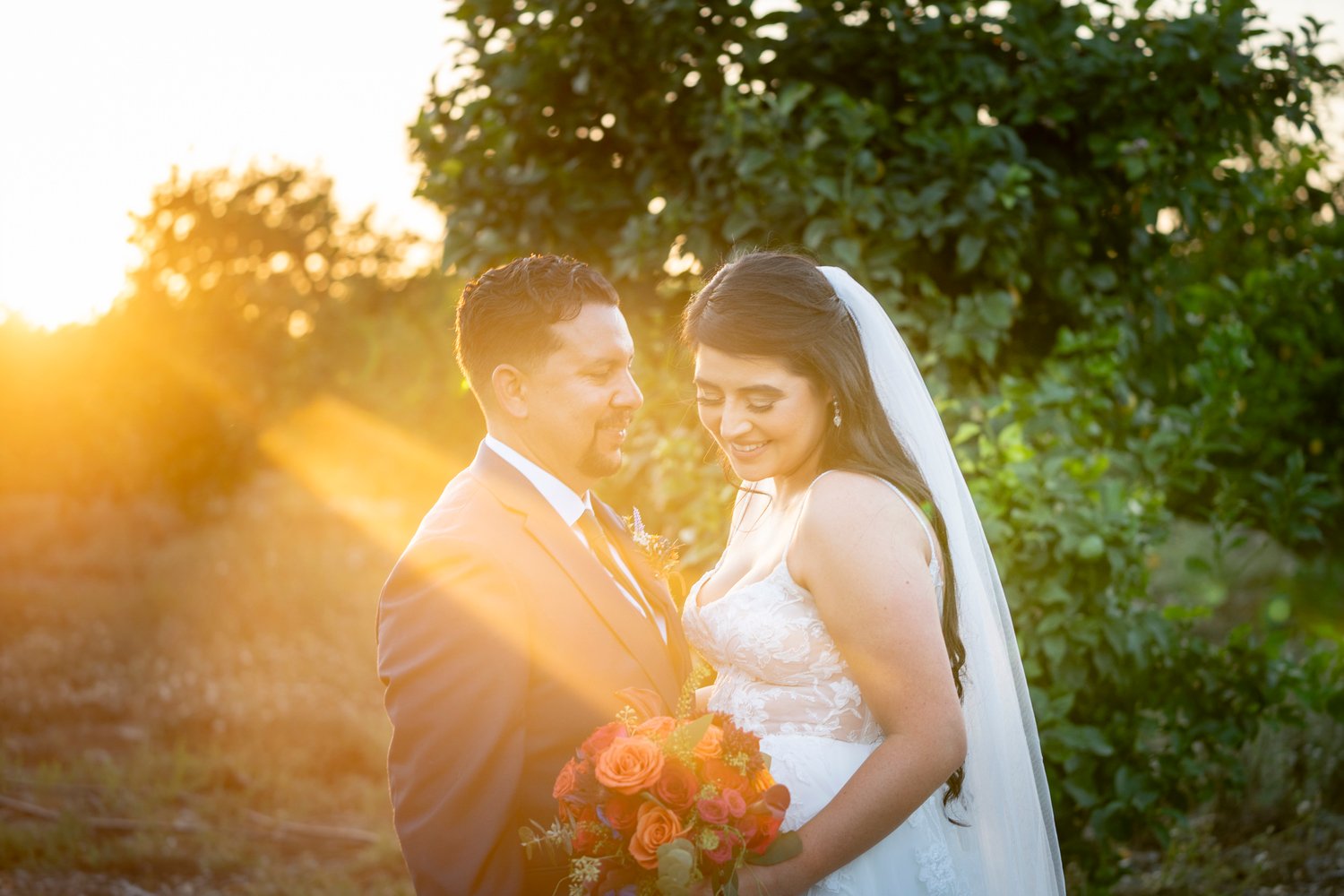 bride and groom in an orchard at sunset